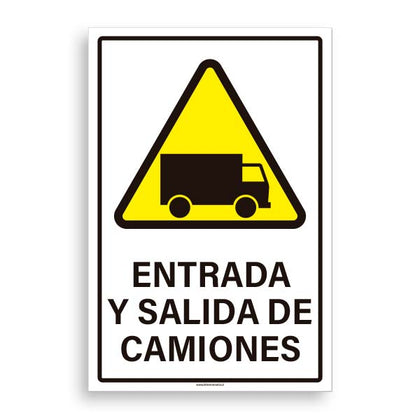 Señal De Advertencia "Entrada Y Salida De Camiones" - Material PVC 0.7mm, Formato A3 (297x420mm)